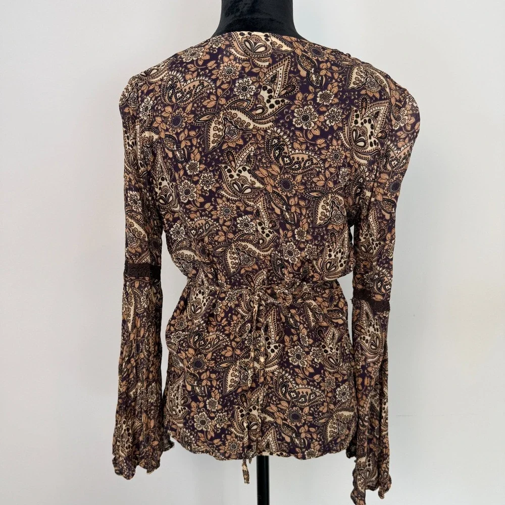 Vintage Y2K Faded Glory Paisley Bell Sleeve Top Womens M Brown Boho Fairy Grunge - Picture 4 of 7